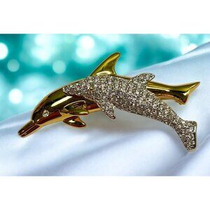 Swarovski Double Dolphin Brooch Gold Tone Crystal Rhinestones Beach Nautical